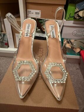 Steve Madden Clear PVC Pointed Slingback Heels with Crystal Hexagon